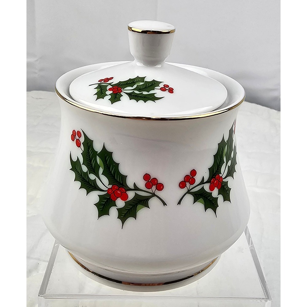 Christmas Holly Fine Porcelain Sugar Bowl Japan Gold Trim Holiday Decor